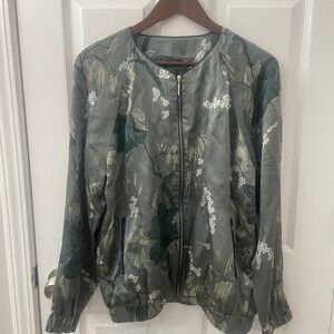 Rituals  Satin  Floral Bomber Jacket XL Sage Green Art -to- Wear Art Teacher